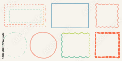 Collection of hand drawn decorative frames and borders in various shapes and pastel colors