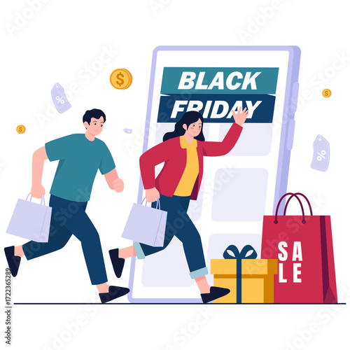 Black Friday shopping spree with excited shoppers