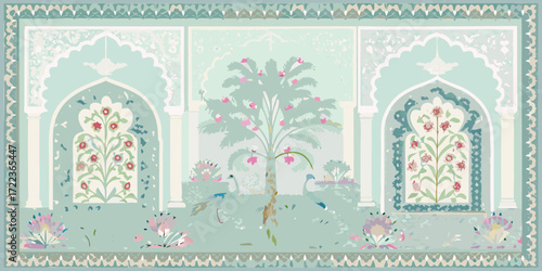 Mughal inspired garden scene with peacocks and blooming trees in pastel colors