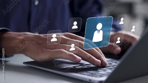 HR, human resource management concept. Recruitment, leadership and teambuilding. Search and select candidates for jobs. Process of recruiting people to work for the organization.