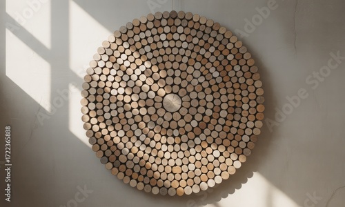 Circular wooden wall art, light beige tones, radiating design