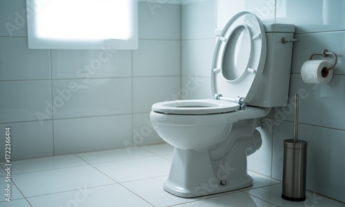 Clean, modern bathroom with a white toilet and tiled floor. Sunlight streams in from a window