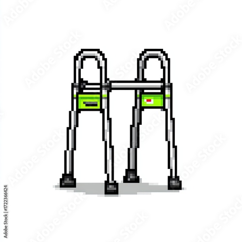 Pixelated walker, two-legged, light gray metal frame, lime-green accents