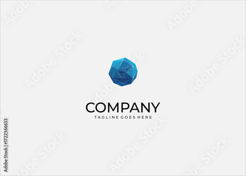Geometric polyhedron blue 3D abstract logo design technology innovation digital blockchain AI data science structure modern futuristic stability.