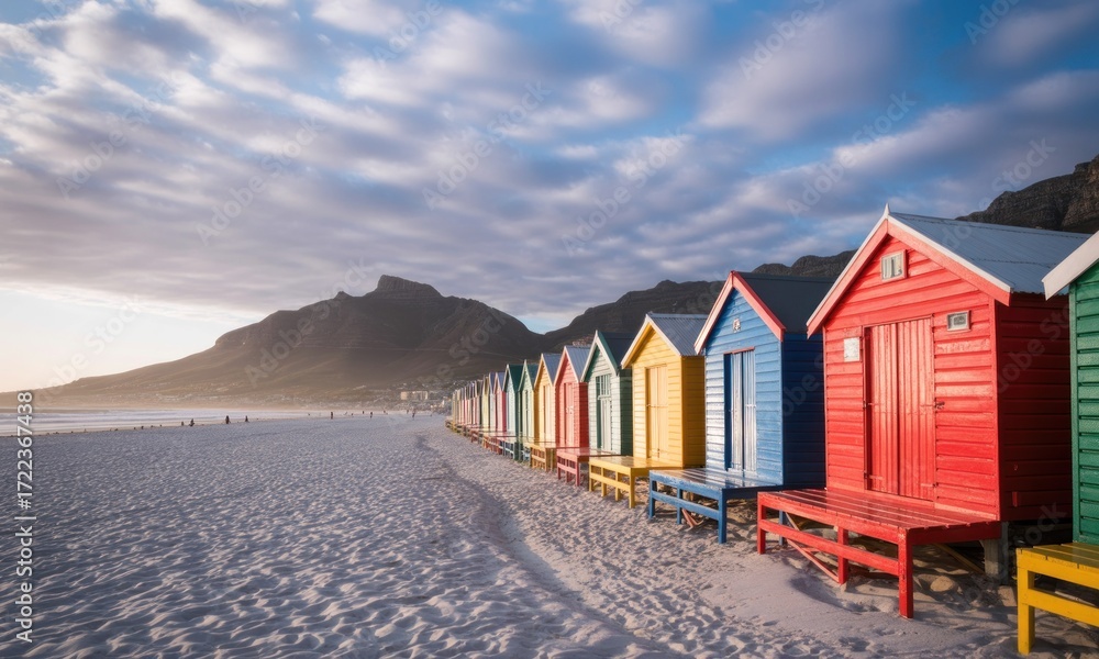 Naklejka premium Colorful beach huts line a pristine white sand beach, mountain backdrop. Sunset light bathes the scene