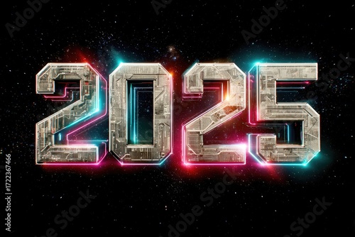 Futuristic 2025 text design on a starry black background