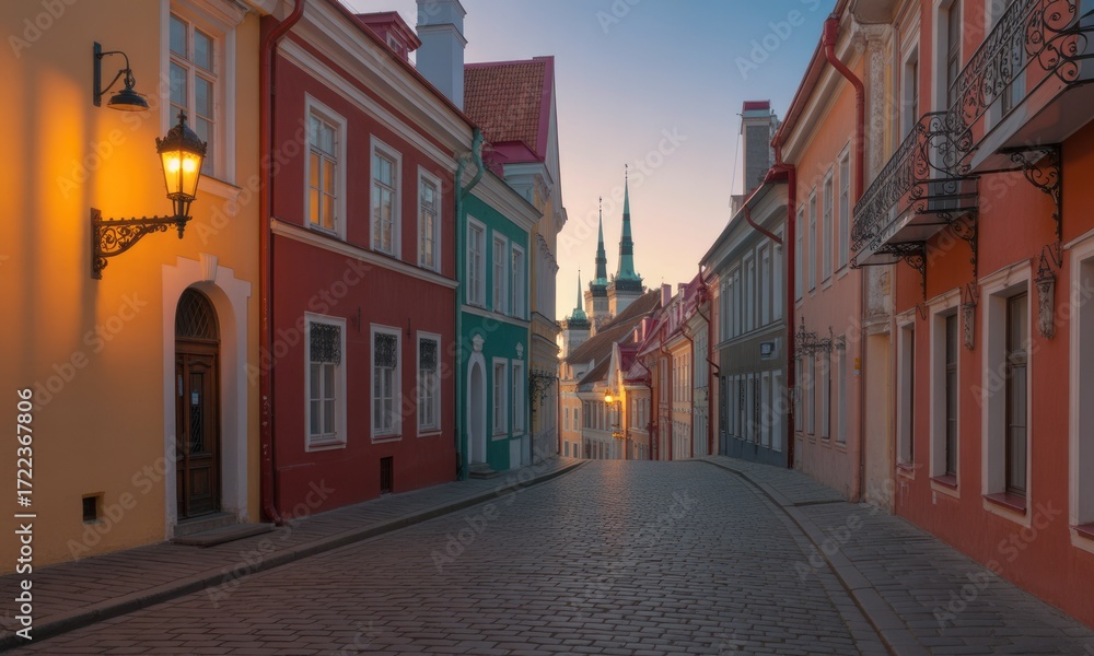 Naklejka premium Colorful European alleyway at dawn. Old buildings line a cobblestone street, warm light and pastel hues