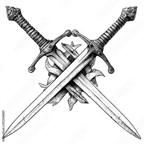 Two crossed swords, ornate hilts, intertwined
