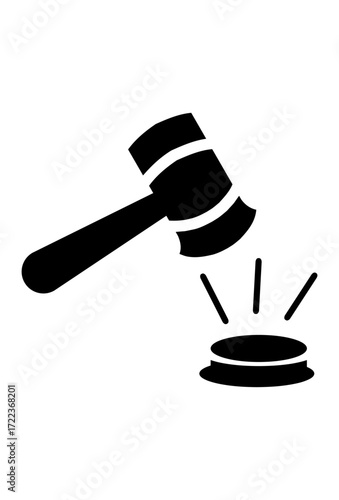 A hammer hitting a block. A simple icon of a gavel. Gavel hitting a sound block.