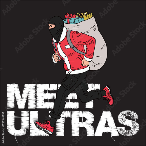 a Vector illustration of ultras hooligans with thief mask wear like santa for christmas 
