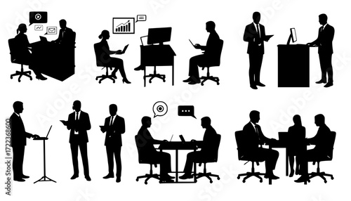 Business people working remotely and in office meetings silhouettes

