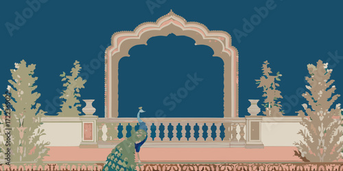Elegant peacock standing on a balcony with ornate archway and lush greenery in a traditional indian setting