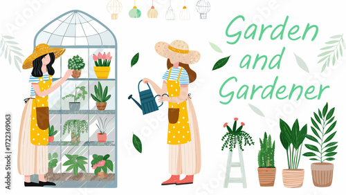 Two women tending to plants in a greenhouse and garden with watering cans and potted plants