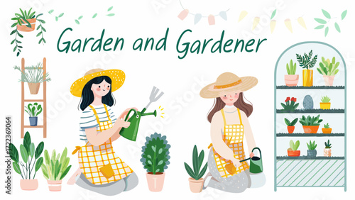 Two happy women tending to plants in a garden with watering cans and tools