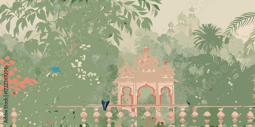 Tranquil indian garden scene with ornate pavilion lush foliage and exotic birds