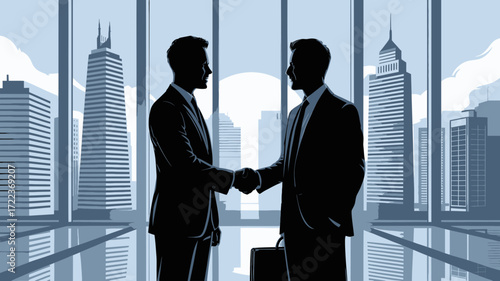Successful partnership handshake between executives in sleek city office, solidifying deal with skyscrapers view, celebrating collaboration and future growth