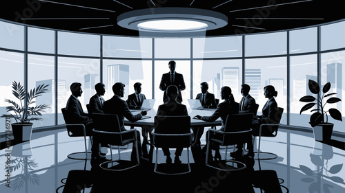 Dynamic team meeting in a modern office, collaborative business strategy session, professional presentation in a corporate setting, leadership and teamwork