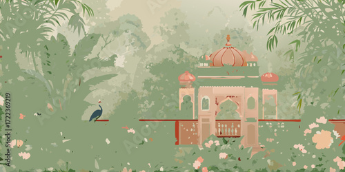 Tranquil indian garden with a peacock and ornate pavilion surrounded by lush foliage and blooming flowers