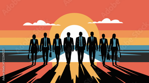 Dynamic team of business professionals walking toward a bright future, silhouettes symbolize leadership and success, teamwork concept, vector style illustration