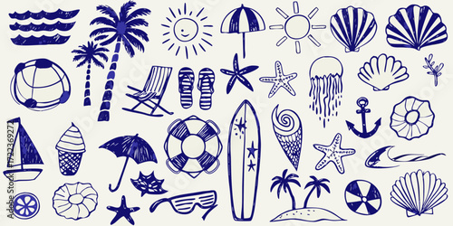 Collection of hand drawn blue ink doodles representing summer vacation and beach activities on a light background