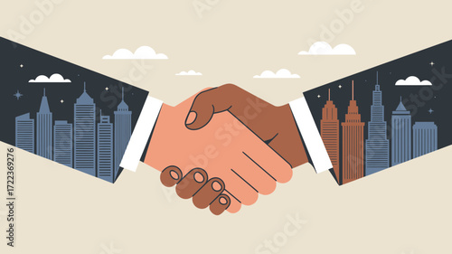 Global business deal handshake symbolizing partnership and collaboration with city skyline, ideal for corporate agreements, international ventures, and success