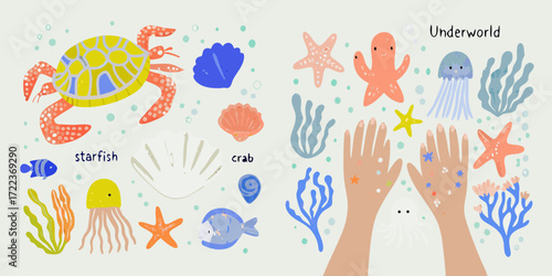 Cute underwater world illustration with sea creatures and hands decorated with stars