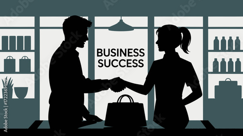 Sealing the Deal Two Business Partners Shake Hands Over a Successful Venture in a Modern Storefront, Symbolizing Growth and Collaboration, Originally a Vector Graphic