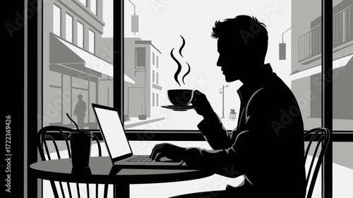 Stylish silhouette of a man enjoying coffee and working on a laptop in a cafe, capturing the modern freelance lifestyle and urban scene with a vector feel