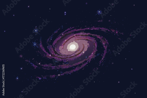 Pixelated spiral galaxy with a bright core and swirling cosmic dust