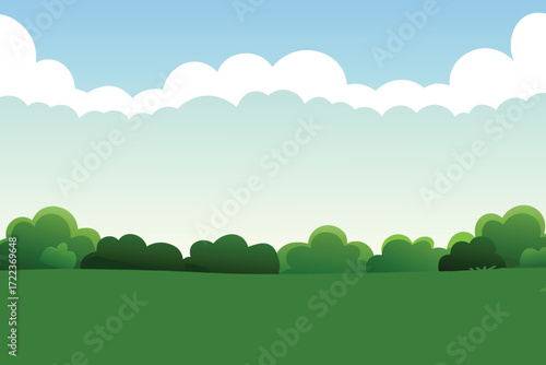 Simple cartoon landscape featuring green hills trees and a blue sky