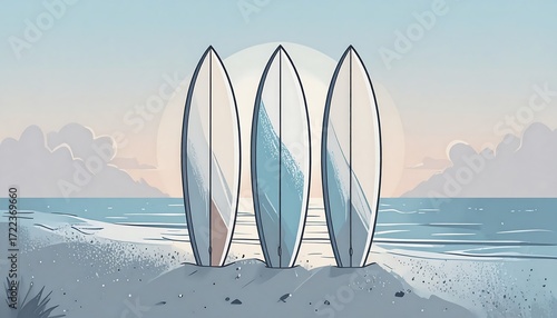 Surfboards on beach at sunset