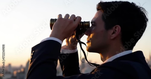 Businessman using binoculars to survey city skyline (3)
