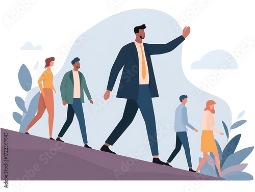 Vector illustration of a confident leader showing the way for his team, symbolizing guidance and business achievement