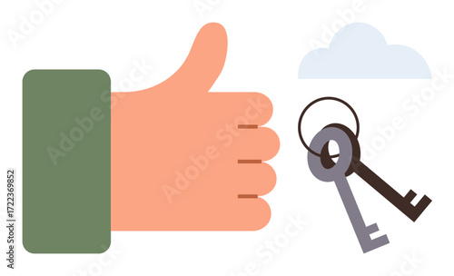 Thumbs-up hand next to two keys and a cloud, representing success, opportunity, approval, solution, access, security, and decision-making. Ideal for motivation trust achievement goal-setting