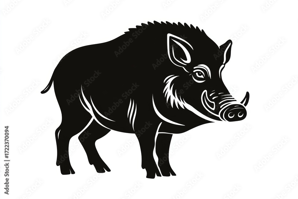 Fototapeta premium Stylized black wild boar silhouette with detailed features on white background