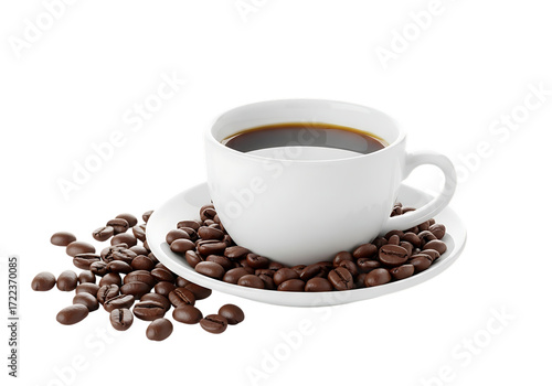 White ceramic cup filled with hot black coffee and scattered roasted coffee beans on a saucer isolated on transparent background