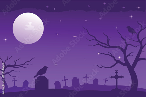 A spooky halloween night scene with a full moon and silhouetted trees