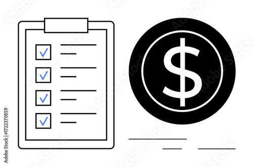Checklist with marked tasks beside a bold dollar symbol represents budgeting, financial planning, productivity, task prioritization, goal setting, investment, and organized management. Ideal