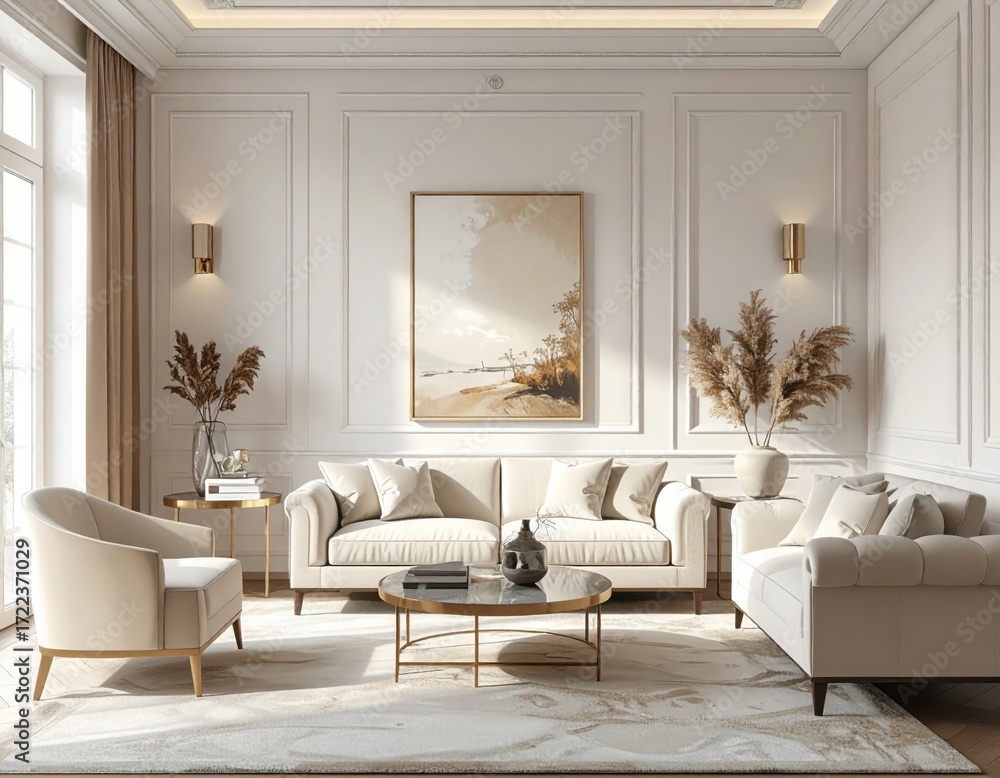 Fototapeta premium Contemporary classic white beige interior with furniture and decor.