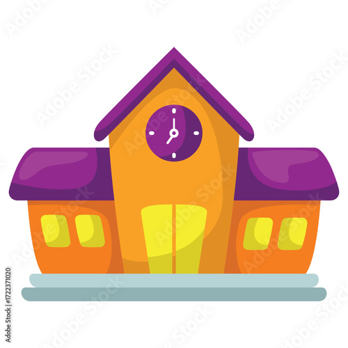 Cartoon building with purple roof and clock