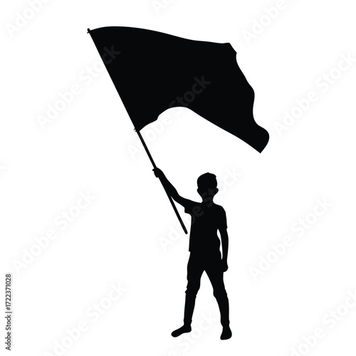 Silhouette of a person holding and waving a black flag proudly