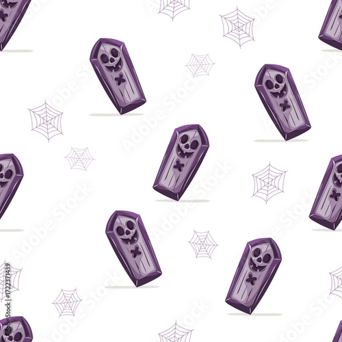 Vector seamless Halloween pattern with spooky coffins and spider webs. Great for wrapping paper, fabric, cards, invitations, posters, stickers, packaging and festive decoration