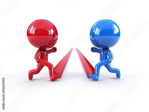 Two small, colorful figures run toward a dividing line
