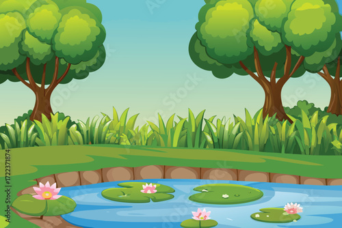 A peaceful landscape with lush green trees grass and a calm pond