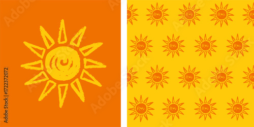 Sun icon grungy effect seamless pattern. Drawn paintbrush stroke sketch sun boundless background. Textured endless summertime ornament sun vector paper print fabric textile wrapper backdrop template