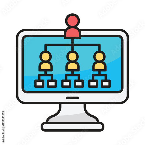 Computer monitor displaying an organizational chart with human figures