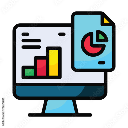 Computer monitor displaying bar and pie charts on a light blue stand