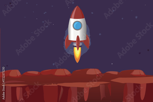 Cartoon rocket ship launching from a red planet with starry background