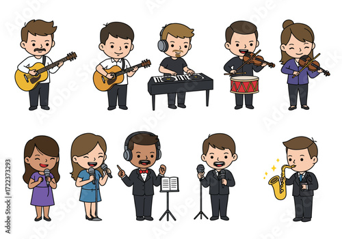 Cartoon musicians playing various instruments in a music band.