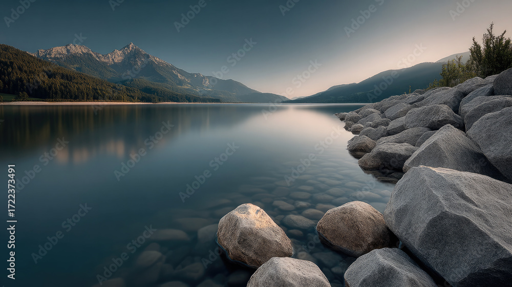 Obraz premium Serene sunrise over calm lake with rocky shore, clear water, mountain range, and tranquil natural landscape